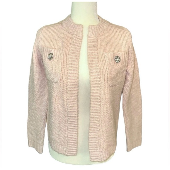 ANN TAYLOR Light Pink Jeweled Button Sweater Jacket Chanel Cardigan XS Petite - Picture 6 of 11